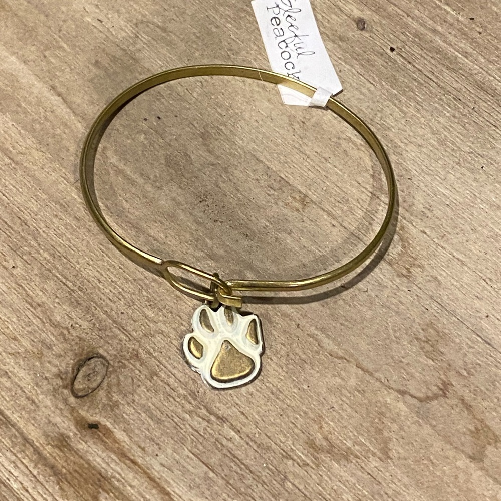 Gleeful Peacock Gold Bangle Bracelet with Hand Painted Paw Print Charm